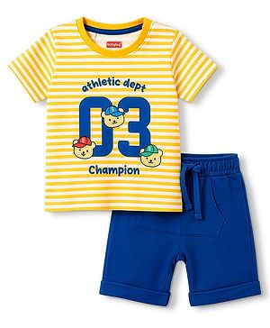 Babyhug 100% Cotton Single Jersey Knit Half Sleeves Striped T-Shirt & Shorts Set With Bear Print - Multicolor