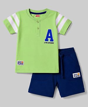 Babyhug 100% Cotton Single Jersey Knit Half Sleeves T-Shirt & Shorts Set Alphabet Print - Green Blue