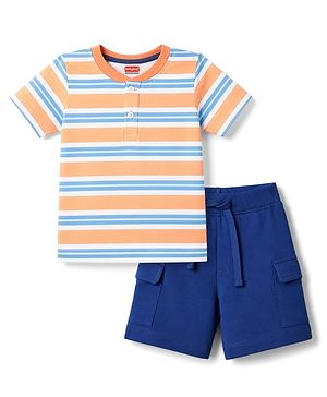 Babyhug 100% Cotton Single Jersey Knit Half Sleeves Striped T-Shirt & Shorts Set - Multicolor