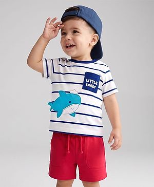 Babyhug 100% Cotton Knit Half Sleeves Striped T-Shirt & Shorts Set With Shark Applique - Red