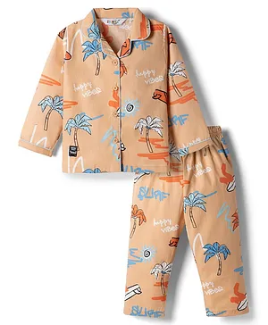 Enfance Core Cotton Blend Woven Full
                              Sleeves Co-Ord Shirt & Pyjama
                              Night-Suit With Coconut Tree Print -
                              Peach