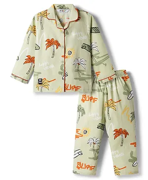 Enfance Core Cotton Blend Woven Full
                              Sleeves Co-Ord Shirt & Pyjama
                              Night-Suit With Coconut Tree Print - Light
                              Green