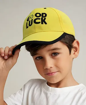 Vritraz Woven Good Luck Text Embroidered Baseball Cap - Yellow - Circumference - 52 - 56 Cms