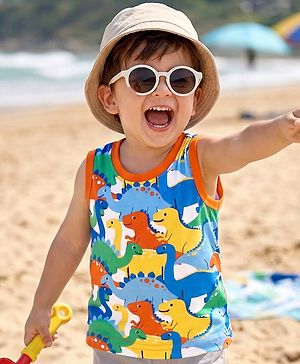 Babyhug Cotton Knit Sleeveless Tank T-Shirt With Dino Print - Multicolor