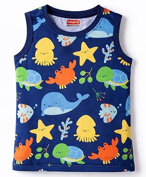 Babyhug Cotton Knit Sleeveless Tank T-Shirt With Sea Animals Print - Multicolor