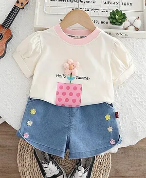 POP STREET KIDS Cotton Knit Half
                              Puffed Sleeves Floral Applique Detailed
                              Tee & Shorts Set - White