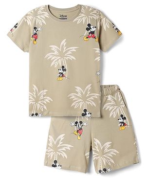Pine Kids Disney Single Jersey Knit Half sleeves Co-Ords T-Shirt & Shorts Nightsuit with Micky Mouse Graphics - Brown