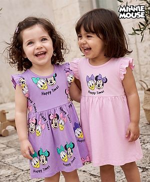 Babyhug Disney Single Jersey Knit Frill Sleeves With Minnie Mouse & Friend Graphics Pack of 2 - Pink & Lavender