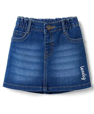 Babyhug Mid Thigh Washed Denim Skirt
                              with Text Embroidery & Stretch - Blue