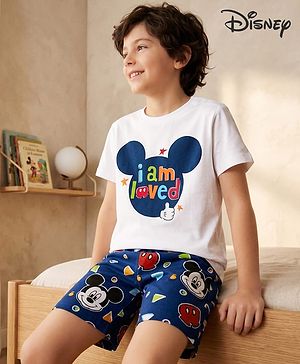 Babyhug Disney Single Jersey Knit Half Sleeves T-Shirt & Shorts Night Suit with Mickey Mouse Graphics - White