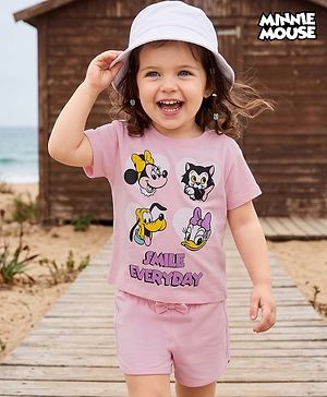 Bonfino Disney 100% Cotton Knit Half Sleeves T-Shirt & Shorts Set With Minnie & Friends Graphic - Pink