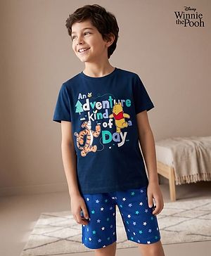 Babyhug Disney Single Jersey Knit Half Sleeves T-Shirt & Shorts Night Suit Winnie the Pooh & Friends Graphics -  Navy