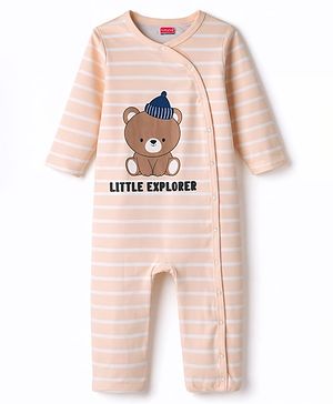 Babyhug 100% Cotton Knit Full Sleeves Front Open Striped Romper with Bear Print - Brown