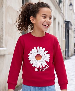 Pine Kids Knit Full Sleeves Sweatshirt with Floral Print -  Red