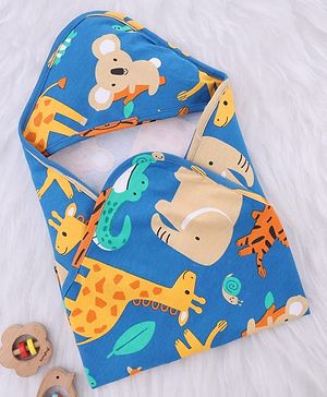 Babyhug Interlock Knit Hooded Towel with Animal Print L 75 x B 75 cm - Blue
