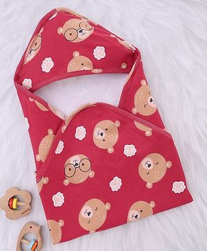 Babyhug Interlock Knit Hooded Towel with Teddy Print L 74.5 x B 74.5 cm - Red