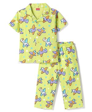Babyhug Cotton Knit Half Sleeves Aeroplane Printed Co-Ords Shirt & Pyjama Night Suit - Yellow