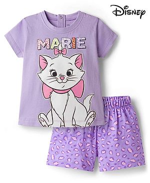Babyhug Disney Single Jersey Knit Half Sleeves T-Shirt & Shorts Night Suit with Marie Graphics - Lilac
