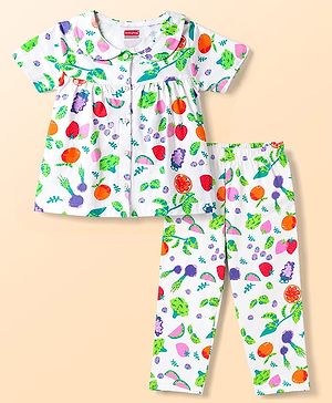 Babyhug Cotton Knit Half Sleeves Tropical Theme Printed Co-Ords Top & Pyjama Night Suit - White