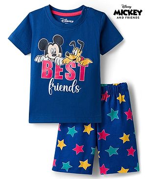 Babyhug Disney Single Jersey Knit Half Sleeves T-Shirt & Shorts Night Suit with Mickey & Friends Graphic - Navy