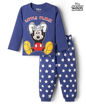 Babyhug Disney Single Jersey Knit Full Sleeves T-Shirt & Pyjama Night Suit with Mickey Mouse Graphics - Blue