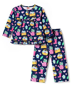 Babyhug Cotton Knit Full Sleeves Floral Printed Co-Ords Top & Pyjama Night Suit - Navy Blue