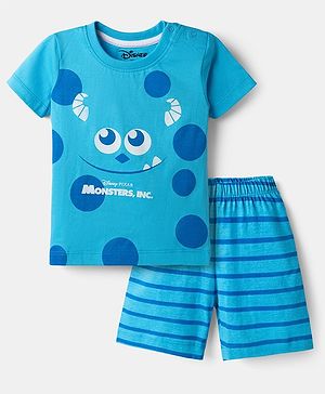 Babyhug Disney 100% Cotton Knit Half Sleeves T-Shirt & Shorts Night Suit With Monster Graphic & Stripes - Light Blue