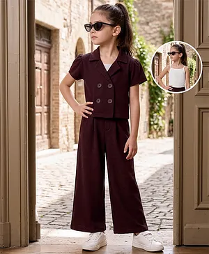 OLLINGTON ST. Waffle Half Sleeves Top
                              With Inner Tee & Culottes Set - Wine
                              & White