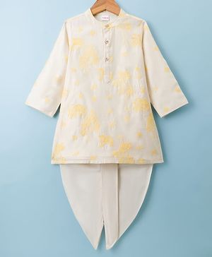 Babyhug Chanderi Woven Full Sleeves Kurta Dhoti Set with Floral Embroidery - White