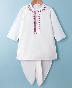 Babyhug Cotton Blend Woven Full Sleeves Embroidered Kurta & Dhoti Set - OffWhite