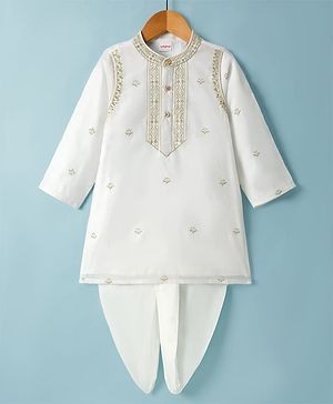 Babyhug Cotton Blend Woven Full Sleeves Kurta Dhoti Set With Floral Embroidery - White