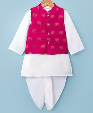 Babyhug Cotton Blend Woven Full Sleeves Solid Kurta & Dhoti Set With Elephant Printed Jacket - OffWhite