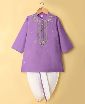Babyhug Chanderi Woven Full Sleeves Kurta Dhoti Set with Embroidery - Purple