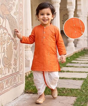 Babyhug Chanderi Woven Full Sleeves Kurta Dhoti Set With Sequin Detailing - Orange