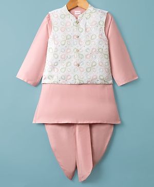 Babyhug Cotton Blend Woven Full Sleeves Kurta Dhoti Set With Sequinned Jacket - Peach