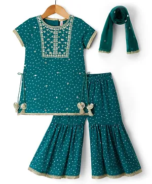 Babyhug Georgette Woven Half Sleeves
                              Printed Kurti Gharara Set With Floral
                              Embroidery & Dupatta - Mint Green