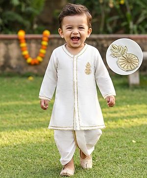 Babyhug Cotton Blend Woven Full Sleeves Kurta Dhoti Set With Floral Embroidery - White