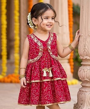 Babyhug Georgette Woven Sleeveless Ethnic Dress With With Bandhani Print & Shrug - Red