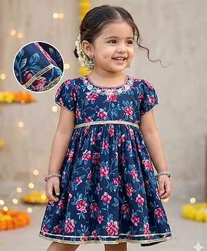Babyhug Cambric Woven Half Sleeves Ethnic Dress with Floral Print & Embroidery - Navy Blue