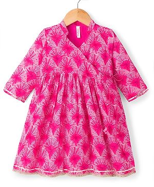 Babyhug Cambric Woven Three Fourth Sleeves Printed Ethnic Dress - Pink