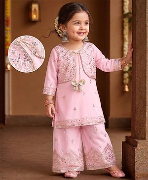 Babyhug Net Woven Three Fourth Sleeves Kurti Palazo Set With Sequin Detailing - Pink
