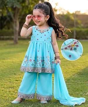 Babyhug Georgette Woven Sleeveless Kurti Palazzo Set with Floral Embroidery & Dupatta - Aqua Blue