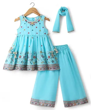 Babyhug Georgette Woven Sleeveless
                              Kurti Palazzo Set with Floral Embroidery
                              & Dupatta - Aqua Blue