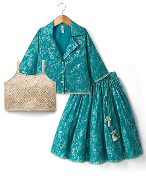 Babyhug Cotton Blend Woven Three
                              Fourth Sleeves Jacket & Lehenga Choli
                              Set with Foil Floral Print - Teal Blue