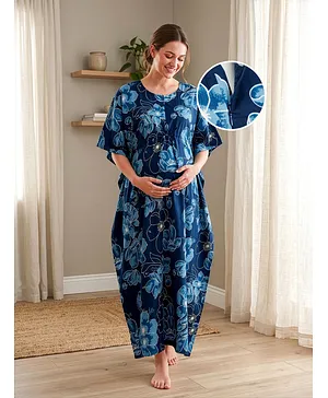 Bella Mama Cotton Woven Three Fourth
                              Sleeves Maternity Nursing Kaftan with
                              Floral Print - Blue