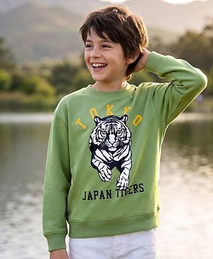 Pine Kids Cotton Knit Sweatshirt with Full Sleeves and Tiger Print - Green