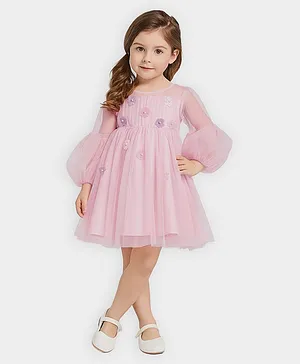 Mi Arcus Woven Full Balloon Sleeves
                              Pearl Embellished Floral Applique Detailed
                              Dress - Peach