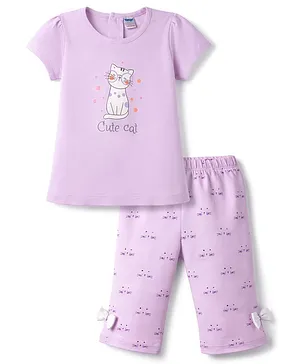 Tango Single Jersey Knit Half Sleeves
                              Cat Printed T-Shirt & Capri Night Suit
                              With Bow Applique - Mauve