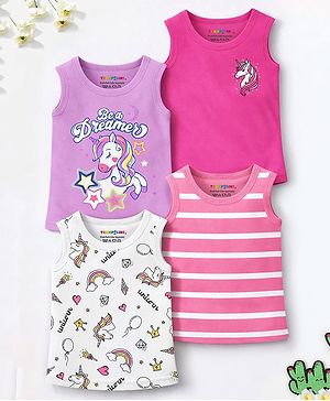 Trampoline Cotton Blend Knit Pack Of 4 Sleeveless Striped & Unicorn Printed Tees - Multi Colour