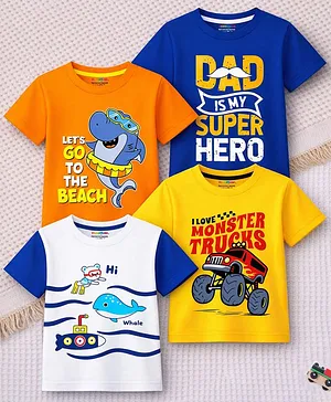 Trampoline Cotton Blend Knit Pack Of 4 Half Sleeves Sea Life Vehicles & Typography Printed Tees - Multi Colour